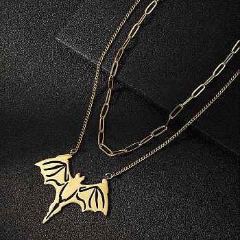 2Pcs 2 Style 304 Stainless Steel Bat Pendant Necklaces Set, Paperclip & Curb Chains Stackable Necklaces for Women Men, Golden, 15.35~18.9 inch(39~48cm), 1Pc/style