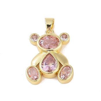 Brass Pendants, with Glass, Real 18K Gold Plated, Bear Charms, Pink, 21.5x18x3.5mm, Hole: 4x3.5mm