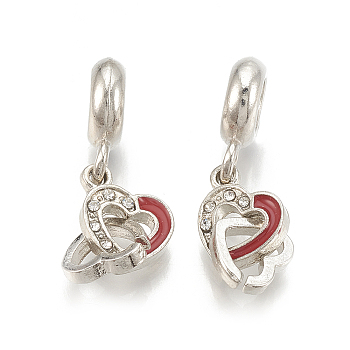 Alloy European Dangle Charms, with Rhinestone and Enamel, Large Hole Pendants, Heart, Red, Platinum, Crystal, 25mm, Hole: 5mm, 11x8.5x15mm and 7.5x8mm