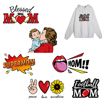 PET Heat Transfer Film Logo Stickers Set, for DIY T-Shirt, Bags, Hats, Jackets, Mother's Day Themed Pattern, 320x170mm, 6pcs/set