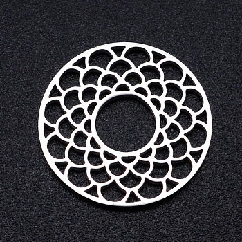 201 Stainless Steel Filigree Joiners Links, Laser Cut, Flat Round with Flower, Stainless Steel Color, 17.5x1mm