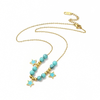 Ion Plating(IP) 304 Stainless Steel Star Pendant Necklaces, Synthetic Turquoise Bead Necklaces for Women, Real 18K Gold Plated, 15.94 inch(40.5cm)
