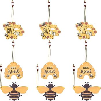 SUPERFINDINGS 9Pcs 3 Style Wood Pendant Decorations, with Hemp Cord, Bee Theme, Gold, 180~204mm, 3pcs/style