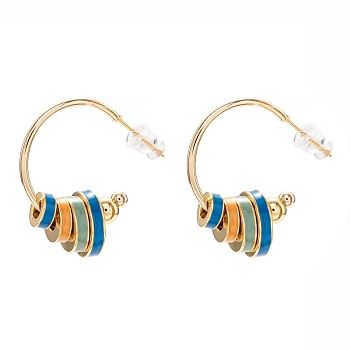 Brass Enamel Half Hoop Earrings, with Ear Nuts, Flat Round, Real 18K Gold Plated, Colorful, 27x1.5mm, Pin: 0.6mm