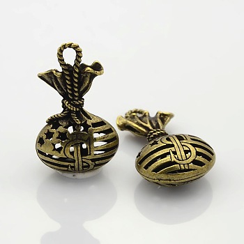 Hollow Tibetan Style Alloy Pendants, Lucky Bag with Dollar Sign, Nickel Free, Antique Bronze, 39x22x12mm, Hole: 3x5mm