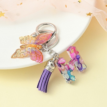 Resin Letter & Acrylic Butterfly Charms Keychain, Tassel Pendant Keychain with Alloy Keychain Clasp, Letter H, 9cm