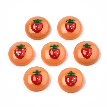 Opaque Resin Enamel Cabochons, Half Round with Red Strawberry, Coral, 14x6mm