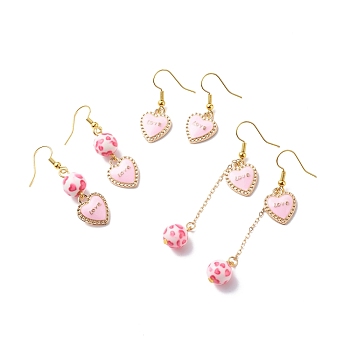 3 Pairs 3 Style Pink Alloy Enamel Charms & Resin Beads Dangle Earrings, Valentine Theme Brass Jewelry for Women, Golden, Word, 31~66mm, Pin: 0.5mm