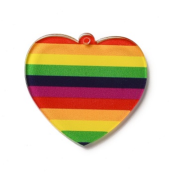 Rainbow Color Printed Acrylic Pendants, Heart Pattern, 31.5x33.5x2.5mm, Hole: 1.6mm