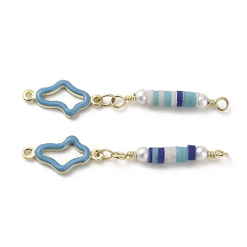 Rack Plating Brass Enamel Flower Links Connector Charms, with ABS Plastic Imitation Pearl Beads and Handmade Polymer Clay Beads, Real 18K Gold Plated, Steel Blue, 41.5mm, Hole: 1.6mm