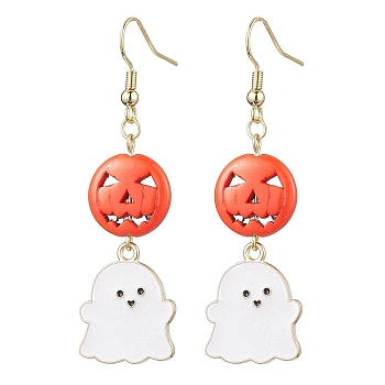 Dyed Synthetic Turquoise and Alloy Enamel Pendants Earrings, Pumpkin & Ghost, for Halloween, Golden, 60x18mm