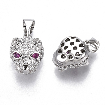 Brass Micro Pave Cubic Zirconia Charms, Nickel Free, Leopard Head, Clear, Real Platinum Plated, 13.5x10.5x8mm, Hole: 4mm