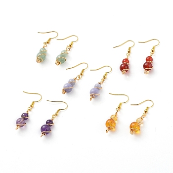 Natural Gemstone Dangle Earrings, with Copper Wire and Golden Plated Brass Earring Hooks, Round, 43mm, Pin: 0.8mm