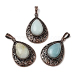 Natural Flower Amazonite Pendants, Vintage Red Copper Tone Brass Gems Teardrop Charms, 34.5x23.5x7.5mm, Hole: 8x5mm(G-A297-05R-11)