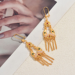 Ethnic Style Alloy Long Tassel Chandelier Earrings for Women, Moon, with Imitation Pearl, Golden, 83x19mm(JY2387)