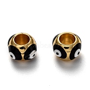 Brass European Enamel Beads, Long-Lasting Plated, Real 18K Gold Plated, Large Hole Beads, Round with Evil Eye, Black, 9x8.5x6mm, Hole: 4mm(KK-B028-25G-B)