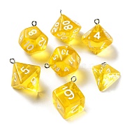7Pcs 7 Styles Transparent Resin Polyhedral Dice Pendants Set, Multi-Sided Dice Charms with Platinum Plated Iron Loops, Mixed Shapes, Gold, 20~28x19~24x17~24mm, Hole: 2mm, 1pc/style(RESI-A029-01G)
