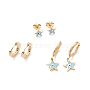 3 Pairs 3 Style Enamel Star with Evil Eye Dangle Hoop Earrings, Ion Plating(IP) 304 Stainless Steel Stud Earrings for Women, Golden, 7.5~27mm, Pin: 1mm, 1 Pair/style(EJEW-B020-07G)