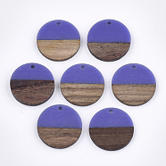Resin & Walnut Wood Pendants, Flat Round, Mauve, 24.5~25x2.5~4.5mm, Hole: 2mm(X-RESI-S358-02D-10)