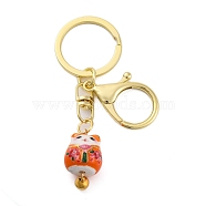 Fortune Cat Porcelain Pendant Keychain, with Iron Keychain Ring and Alloy Lobster Claw Clasps, Coral, 8.7cm(KEYC-G064-02A)