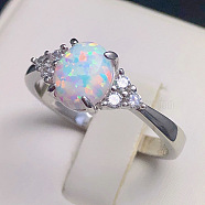 Alloy Finger Rings, with Brass Micro Pave Cubic Zirconia and Opal Finding, Oval, US Size 8(18.1mm)(FS-WGB42E9-02)