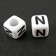 Letter Acrylic European Beads, Horizontal Hole, Cube, Letter.N, 10x10x10mm, Hole: 3.5~4mm, about 59pcs/50g(X-OPDL-R050-10mm-N)
