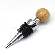 Round Zinc Alloy Wine Bottle Stoppers with Wooden Beads, Platinum, Tan, 93.5x23mm(AJEW-R047-04)