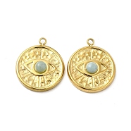 Natural Amazonite Pendants, Flat Round Charms with Eye, with Vacuum Plating Real 18K Gold Plated 201 Stainless Steel Findings, 17.5x15x4mm, Hole: 1.4mm(STAS-J401-VC540)