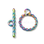 Ion Plating(IP) 304 Stainless Steel Toggle Clasps, Twist Ring, Rainbow Color, Ring: 17x13.5x2mm, Hole: 2.5mm, 10.5mm inner diameter, Bar: 22x5.5x2mm, hole: 2.5mm(STAS-F290-03MC)