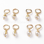 Brass Huggie Hoop Earrings, with Alloy Cabochons and Natural Baroque Pearl Keshi Pearl Beads, Oval with Marine Organism, Golden, 25~28mm, Pin: 1mm(EJEW-JE04433)