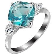 Fashion Classical Platinum Plated Brass Elegant Square Cubic Zirconia Rings, Sky Blue, Size 6, 16mm(RJEW-EE0001-100P02-B)