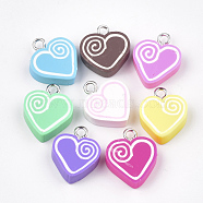 Handmade Polymer Clay Pendants, with Iron Findings, Heart, Platinum, Mixed Color, 17~19x14~15x5mm, Hole: 2mm(CLAY-T013-08)