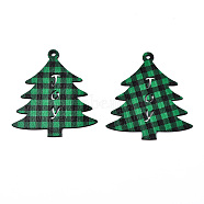Christmas Theme Single-Sided Printed Wood Big Pendants, Christmas Tree with Tartan Pattern, Green, 79x73x2mm, Hole: 3.5mm(WOOD-N005-59A)