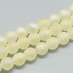 Electroplate Glass Beads Strands, Frosted Style, Faceted Round, Light Yellow, 10x9mm, Hole: 1.5mm, about 70pcs/strand, 25.2 inch(EGLA-Q108-10mm-08)