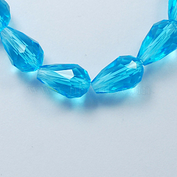 Glass Beads Strands, Faceted, teardrop, Deep Sky Blue, 15x10mm, Hole: 2mm, about 48pcs/strand, 27.56 inch(70cm)(X-GLAA-R024-15x10mm-7)