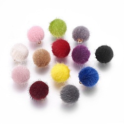 Handmade Plush Cloth Fabric Covered, with CCB Plastic Findings, Round, Golden, Mixed Color, 17x15mm, Hole: 1.5mm(X-FIND-P029-C)