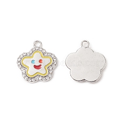 Alloy Enamel Pendants, with Crystal Rhinestone, Lead Free & Cadmium Free, Star with Smiling Face  Charm, Platinum, 19x18x2mm, Hole: 2mm(FIND-A029-04P-02)
