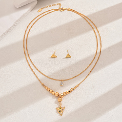 Fashionable Vintage Brass Triangle Double-layer Pendant Necklace & Stud Earring Set for Women, Real 18K Gold Plated(WZ9346-3)