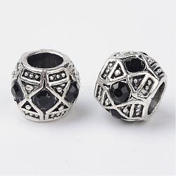 Alloy Rhinestone Rondelle Large Hole European Beads, Antique Silver, Jet, 11x9mm, Hole: 5mm(MPDL-R036-80A)