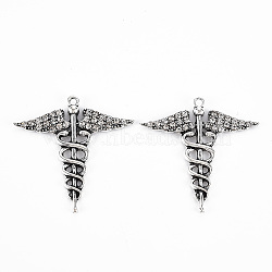 Tibetan Style Alloy Pendants, with Crystal Rhinestone, Cadmium Free & Lead Free, Cross with Wing, Antique Silver, 38x38x3mm, Hole: 1.8mm(PALLOY-S120-256-RS)