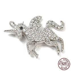 925 Sterling Silver Micro Pave Cubic Zirconia Pendants, Unicorn, Real Platinum Plated, 19x15x2.5mm, Hole: 1.2mm(STER-Q190-01P)