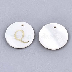Natural Freshwater Shell Pendants, with Golden Plated Brass Etched Metal Embellishments, Flat Round with Letter, Letter.Q, 15x2mm, Hole: 1.2mm(X-SHEL-N027-04Q)