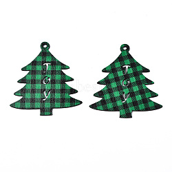 Christmas Theme Single-Sided Printed Wood Big Pendants, Christmas Tree with Tartan Pattern, Green, 79x73x2mm, Hole: 3.5mm(WOOD-N005-59A)
