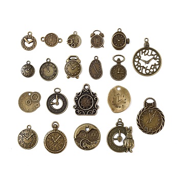 Tibetan Style Alloy Pendants, Clock Charm, Antique Bronze, 16~36x12.5~27x1~3.5mm, Hole: 1.5~9mm, 20pcs/set