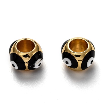 Brass European Enamel Beads, Long-Lasting Plated, Real 18K Gold Plated, Large Hole Beads, Round with Evil Eye, Black, 9x8.5x6mm, Hole: 4mm