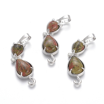 Natural Unakite Kitten Pendants, with Platinum Tone Brass Findings, Cat with Bowknot Shape, 35.5x12x6mm, Hole: 5x7mm