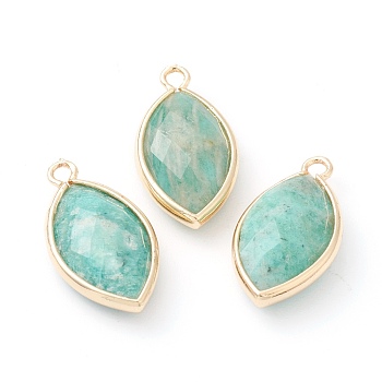 Natural Amazonite Pendants, with Golden Brass Edge, Faceted, Horse Eye, 22x12x5.5mm, Hole: 1.8mm