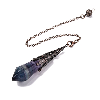 Natural Fluorite Pointed Dowsing Pendulum Big Pendants, Lead Free & Cadmium Free, with Red Copper Tone Brass Findings, Hexagonal Cone, 265mm, Hole: 2mm