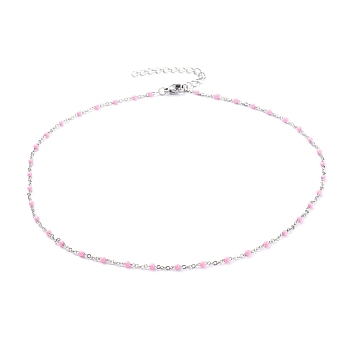 Stainless Steel Enamel Cable Chains Necklaces, with Twisted Chains/Curb Chains and Lobster Claw Clasps, Pink, 15.94 inch(40.5cm)