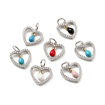 Rack Plating Brass Micro Pave Cubic Zirconia Pendants, with Enamel and Jump Ring, Real Platinum Plated, Heart, Cadmium Free & Nickel Free & Lead Free, Mixed Color, 12.5x12x1.5~3mm,  Jump Ring: 5x0.7mm, Hole: 3.4mm